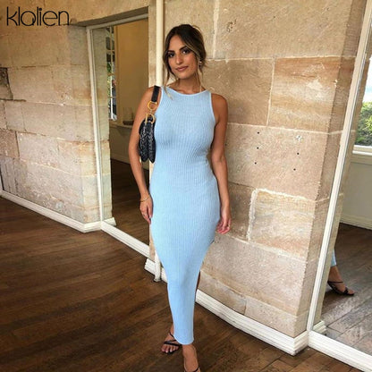 Backless fashion simple black rib knitting maxi streetwear casual Dress The Clothing Company Sydney