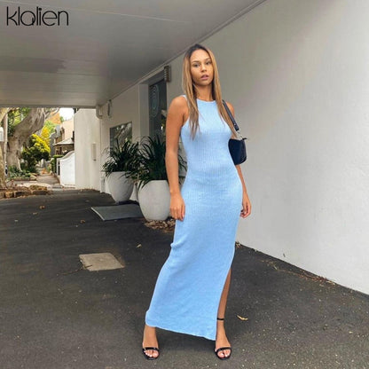 Backless fashion simple black rib knitting maxi streetwear casual Dress The Clothing Company Sydney