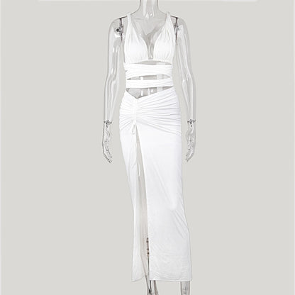 Strappy Cross Crop Top and Maxi Skirt Two Piece Cut Out White Irregular Club Wear Women 2 Piece Outfit Set The Clothing Company Sydney