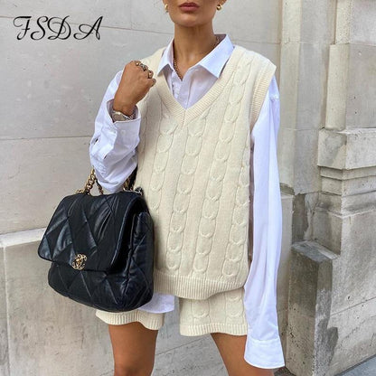 2 Piece Sleeveless Sweater Top Vest And Shorts Mini Matching Set Knitted Autumn Winter Two Piece Set Casual Oversize Jumper Suit Party Outfits The Clothing Company Sydney