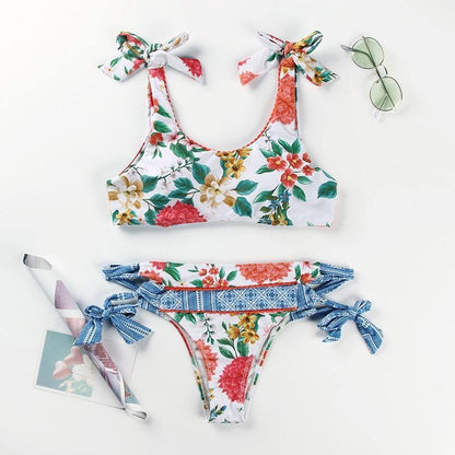 Deep V Neck Bikini Floral Print Swimsuit Bow Swimwear Lace Up Bikini Set The Clothing Company Sydney