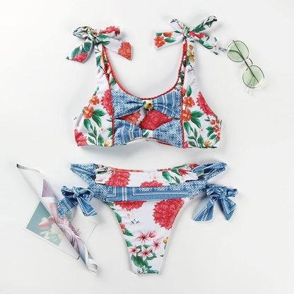 Deep V Neck Bikini Floral Print Swimsuit Bow Swimwear Lace Up Bikini Set The Clothing Company Sydney