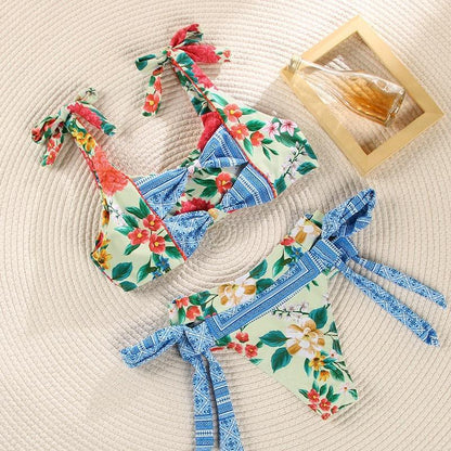 Deep V Neck Bikini Floral Print Swimsuit Bow Swimwear Lace Up Bikini Set The Clothing Company Sydney