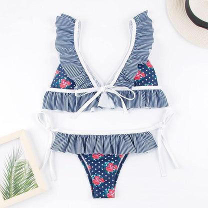 Deep V Neck Bikini Floral Print Swimsuit Bow Swimwear Lace Up Bikini Set The Clothing Company Sydney