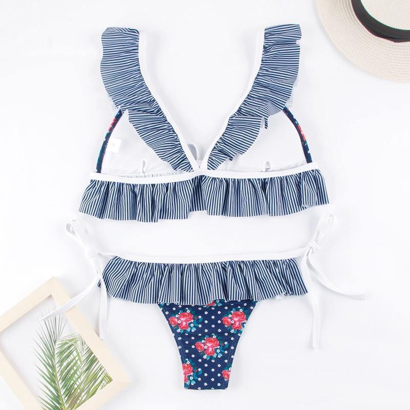 Deep V Neck Bikini Floral Print Swimsuit Bow Swimwear Lace Up Bikini Set The Clothing Company Sydney