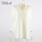 V Neck Sleeveless Sweater Vest Knitted Jumper Autumn Winter Split White Pullover Loose Over size Top The Clothing Company Sydney