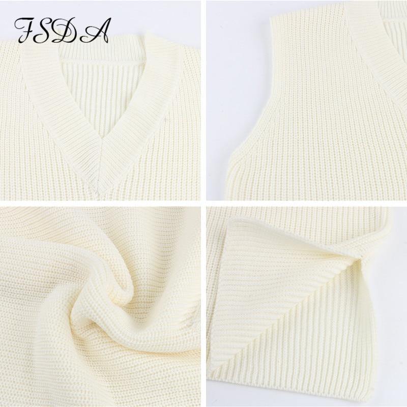 V Neck Sleeveless Sweater Vest Knitted Jumper Autumn Winter Split White Pullover Loose Over size Top The Clothing Company Sydney