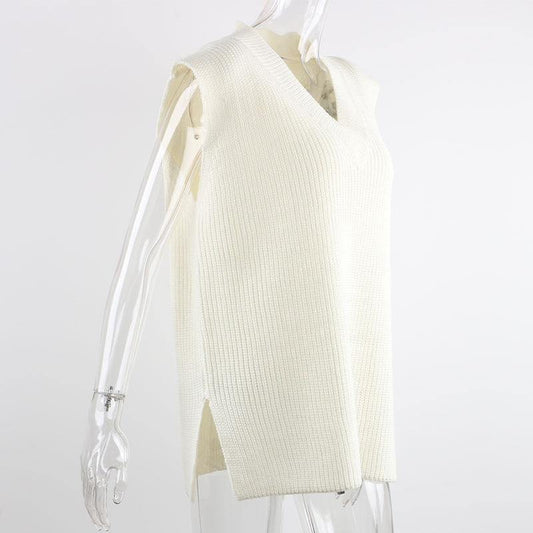 V Neck Sleeveless Sweater Vest Knitted Jumper Autumn Winter Split White Pullover Loose Over size Top The Clothing Company Sydney