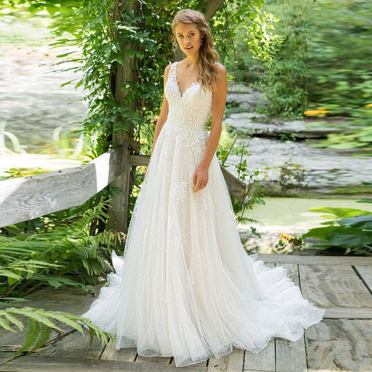 Eightale Boho Wedding Dress V-Neck Appliques A-Line Lace Bridal Wedding Gown Dress The Clothing Company Sydney