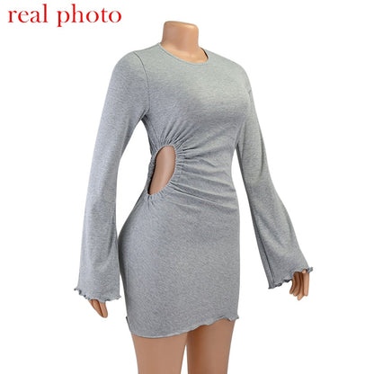 Autumn Draped Flare Sleeve Cut-Out Mini Knitting Round Neck Ruched Skinny Chic Casual Streetwear Dress The Clothing Company Sydney