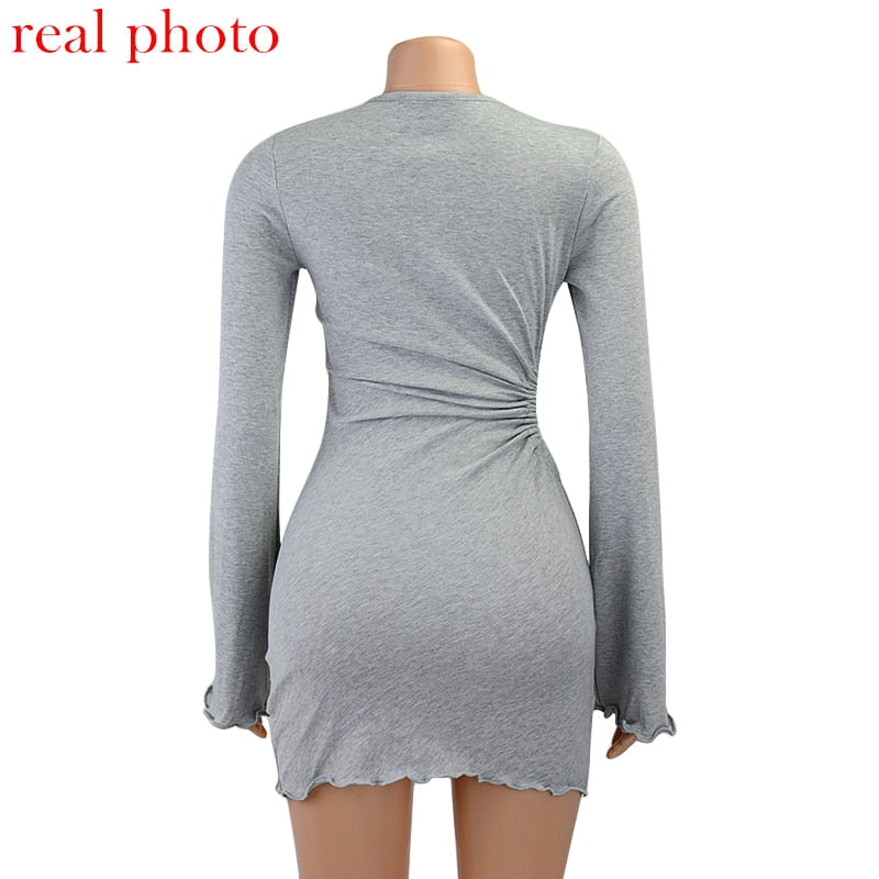 Autumn Draped Flare Sleeve Cut-Out Mini Knitting Round Neck Ruched Skinny Chic Casual Streetwear Dress The Clothing Company Sydney