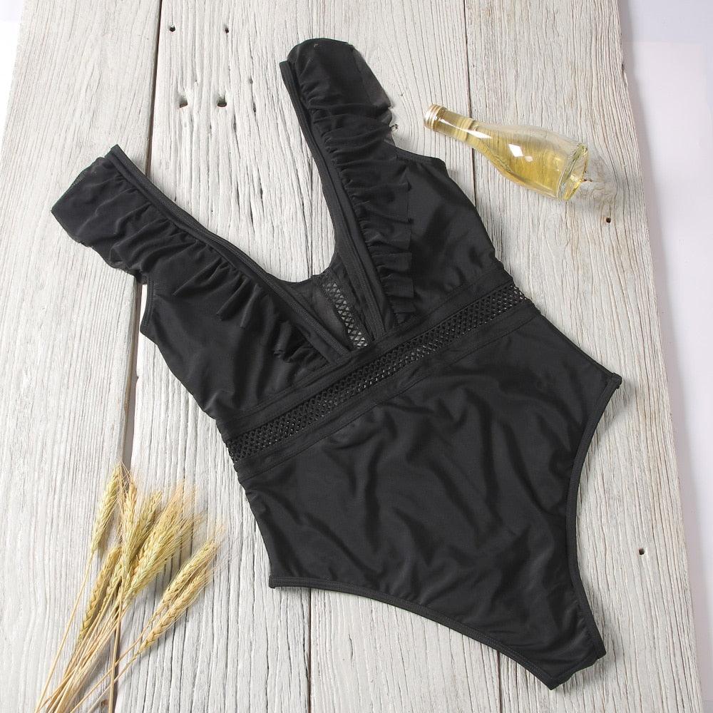 1Piece V Neck Swimwear Bathing Suit Floral Purple Black Monokini Ruffle One Piece Swimsuit The Clothing Company Sydney
