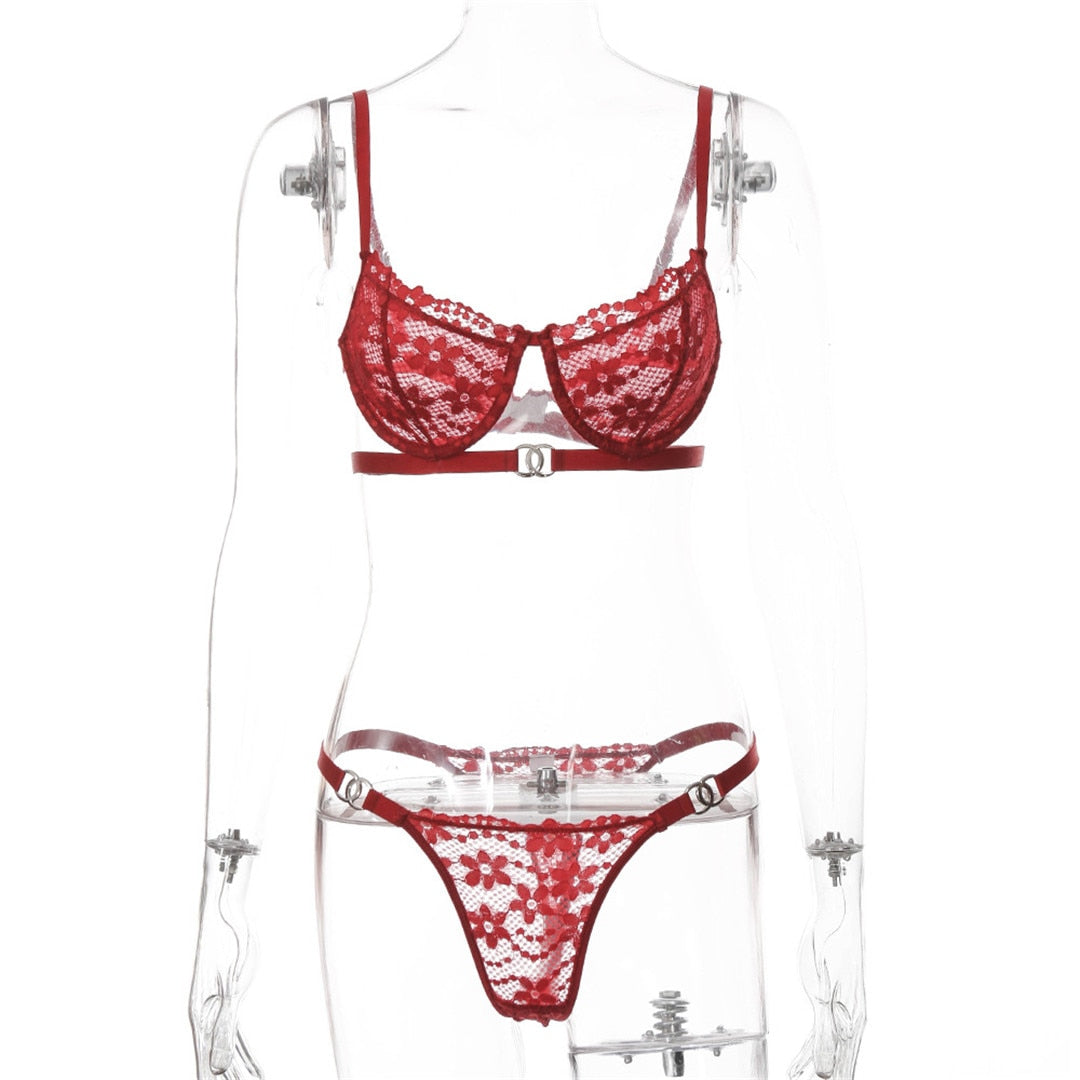 2 Piece Red Floral Embroidery Underwear Bra Panties Lace Lingerie Set Sexy See Through Bra Thong The Clothing Company Sydney
