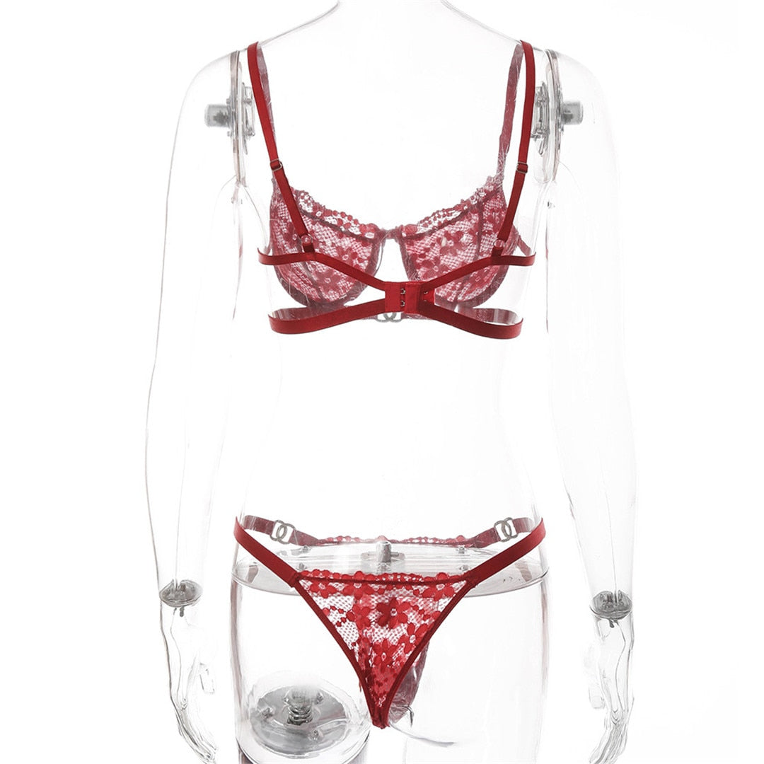 2 Piece Red Floral Embroidery Underwear Bra Panties Lace Lingerie Set Sexy See Through Bra Thong The Clothing Company Sydney