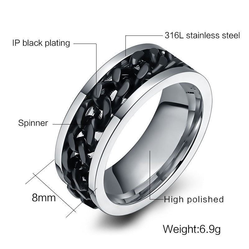 Spinner Chain Ring Men's Stainless Steel Fidget Metal Gold Black Blue silver Color Reliever Stress Jewellery Ring The Clothing Company Sydney