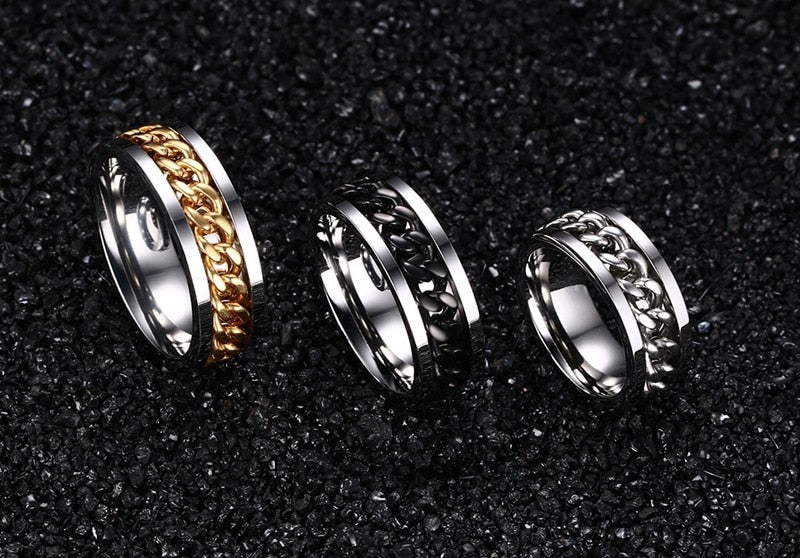 Spinner Chain Ring Men's Stainless Steel Fidget Metal Gold Black Blue silver Color Reliever Stress Jewellery Ring The Clothing Company Sydney