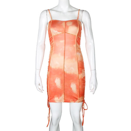 Spaghetti Strap Tie Dye Ruched Summer Drawstring Patchwork Bodycon Club Party Dress The Clothing Company Sydney