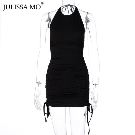 Backless Ruched Autumn Halter Bodycon Short Drawstring Club Partywear Dress The Clothing Company Sydney