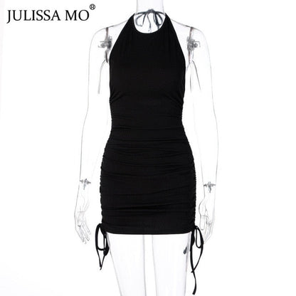 Backless Ruched Autumn Halter Bodycon Short Drawstring Club Partywear Dress The Clothing Company Sydney