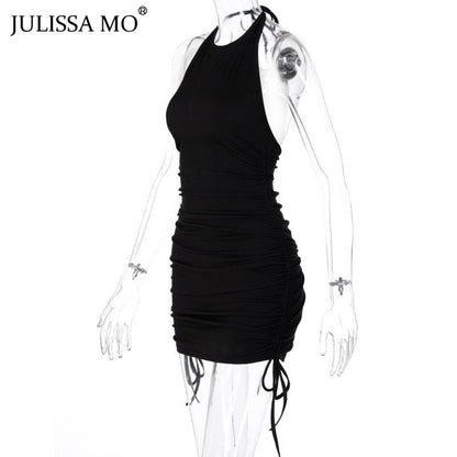 Backless Ruched Autumn Halter Bodycon Short Drawstring Club Partywear Dress The Clothing Company Sydney