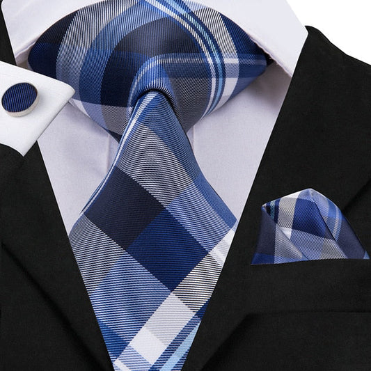 3 Piece Fashion Business Black Plaid 100% Silk Men's Neck Tie 8.5cm Formal Luxury Cufflinks Pocket Square Wedding Set The Clothing Company Sydney