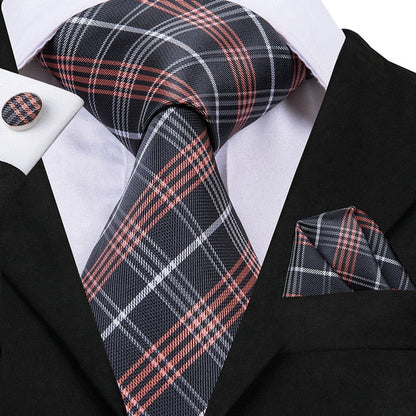 3 Piece Fashion Business Black Plaid 100% Silk Men's Neck Tie 8.5cm Formal Luxury Cufflinks Pocket Square Wedding Set The Clothing Company Sydney