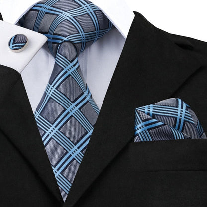 3 Piece Fashion Business Black Plaid 100% Silk Men's Neck Tie 8.5cm Formal Luxury Cufflinks Pocket Square Wedding Set The Clothing Company Sydney