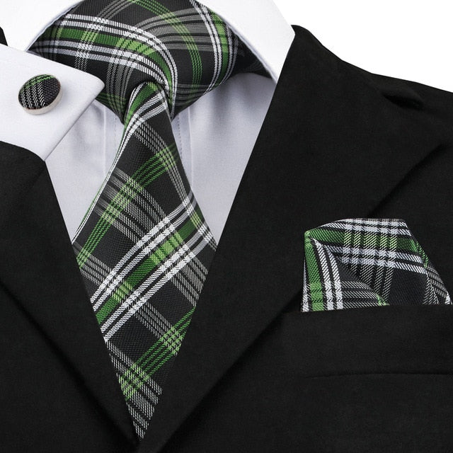 3 Piece Fashion Business Black Plaid 100% Silk Men's Neck Tie 8.5cm Formal Luxury Cufflinks Pocket Square Wedding Set The Clothing Company Sydney