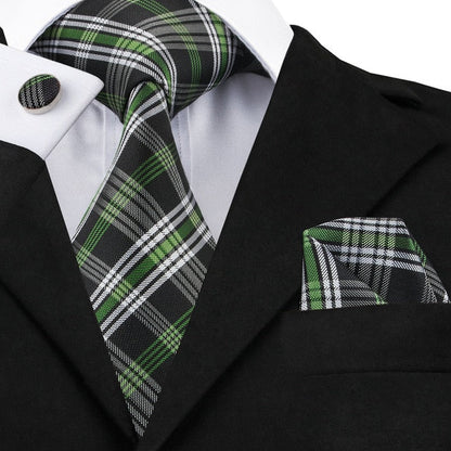 3 Piece Fashion Business Black Plaid 100% Silk Men's Neck Tie 8.5cm Formal Luxury Cufflinks Pocket Square Wedding Set The Clothing Company Sydney