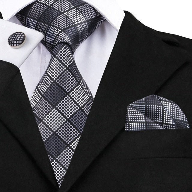 3 Piece Fashion Business Black Plaid 100% Silk Men's Neck Tie 8.5cm Formal Luxury Cufflinks Pocket Square Wedding Set The Clothing Company Sydney