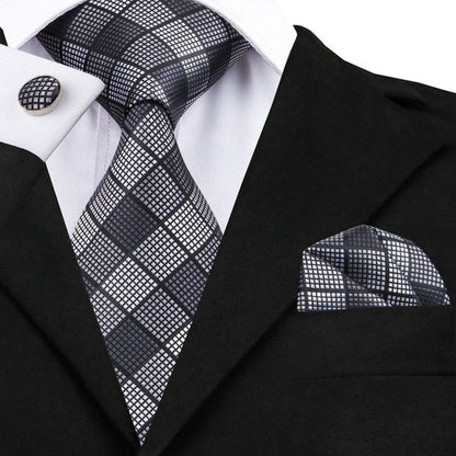 3 Piece Fashion Business Black Plaid 100% Silk Men's Neck Tie 8.5cm Formal Luxury Cufflinks Pocket Square Wedding Set The Clothing Company Sydney