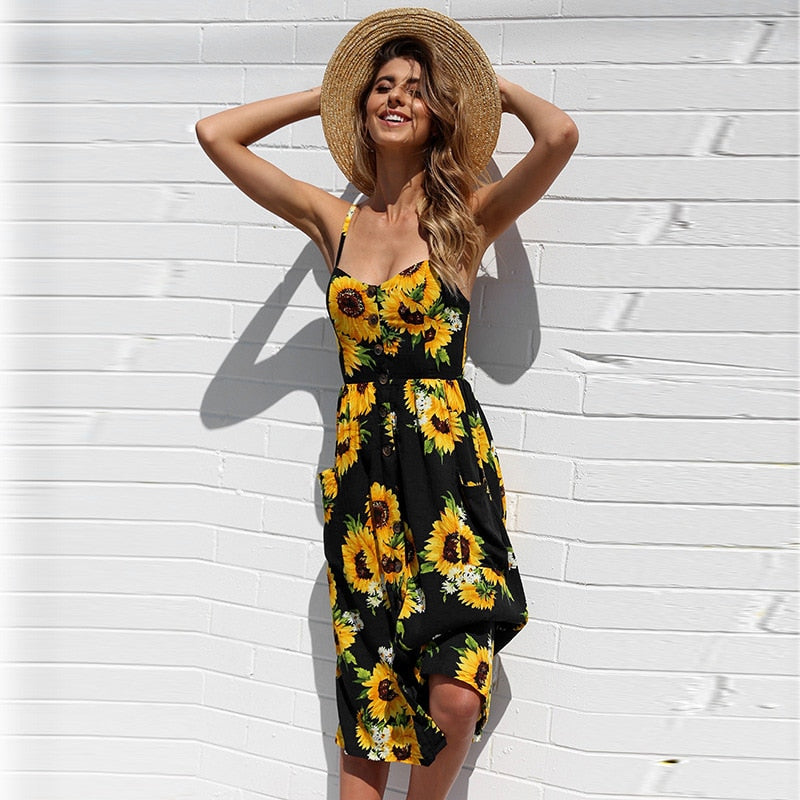 Vintage Casual Sundress Beach Midi Button Backless Polka Dot Striped Summer Boho Sexy Floral Dress The Clothing Company Sydney