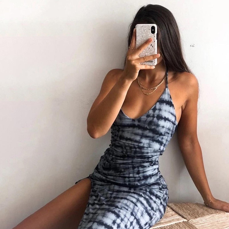 Sleeveless Ruched Slit Maxi Party Club Outfits Fashion Print Sexy Backless Elegant Dress The Clothing Company Sydney