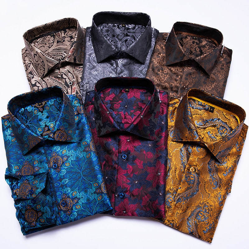 Blue Men's Shirts Paisley Floral Silk Gold Long Sleeve Casual Shirt Business Party Wedding Dress Shirt The Clothing Company Sydney