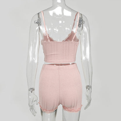 White Summer Ribbed V-neck backless Camisole Mini Shorts 2 Piece Set Pink Casual Outfit The Clothing Company Sydney