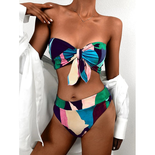 2 Piece Brazilian high waist bikini Bandeau knot swimsuit print swimwear bathing suit Beachwear The Clothing Company Sydney