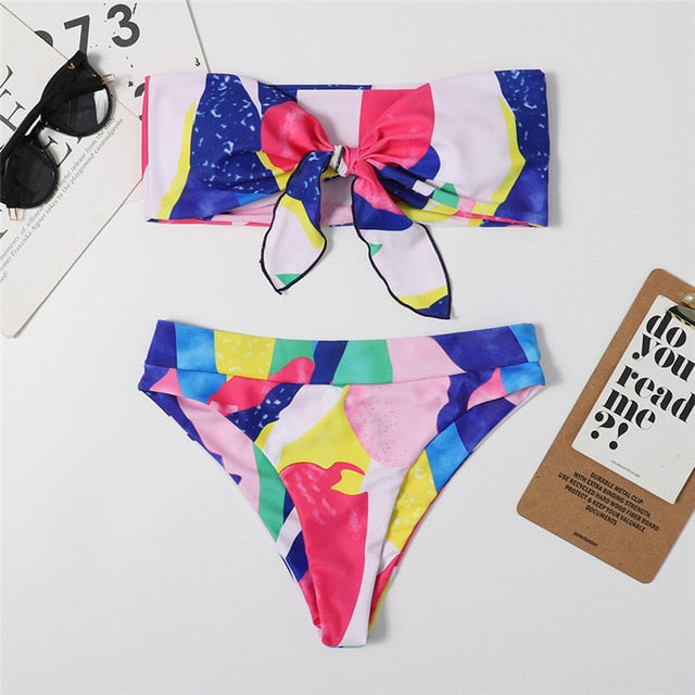 2 Piece Brazilian high waist bikini Bandeau knot swimsuit print swimwear bathing suit Beachwear The Clothing Company Sydney