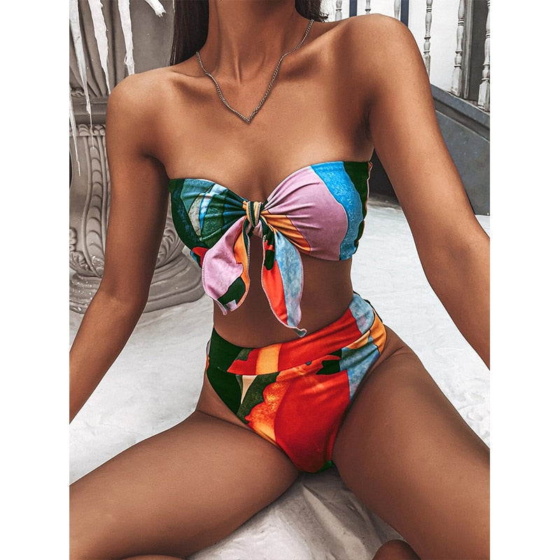 2 Piece Brazilian high waist bikini Bandeau knot swimsuit print swimwear bathing suit Beachwear The Clothing Company Sydney