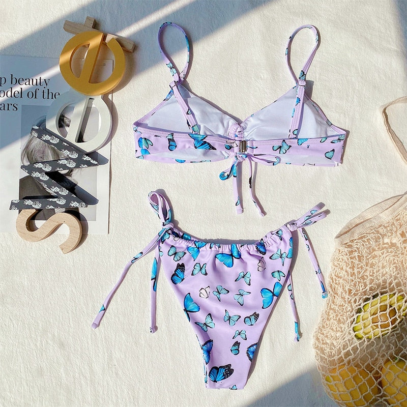 Butterfly print swimsuit Bandeau push up String low waist swimwear bathing suit Retro Bikini Set The Clothing Company Sydney