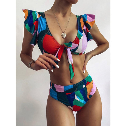 2 Piece Geometry print swimsuit Sexy ruffle bikini High waist swimwear Bandeau knot bathing suit Vintage beach wear The Clothing Company Sydney