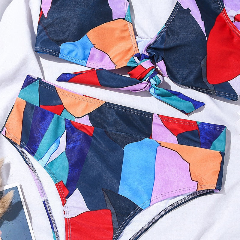 2 Piece Geometry print swimsuit Sexy ruffle bikini High waist swimwear Bandeau knot bathing suit Vintage beach wear The Clothing Company Sydney
