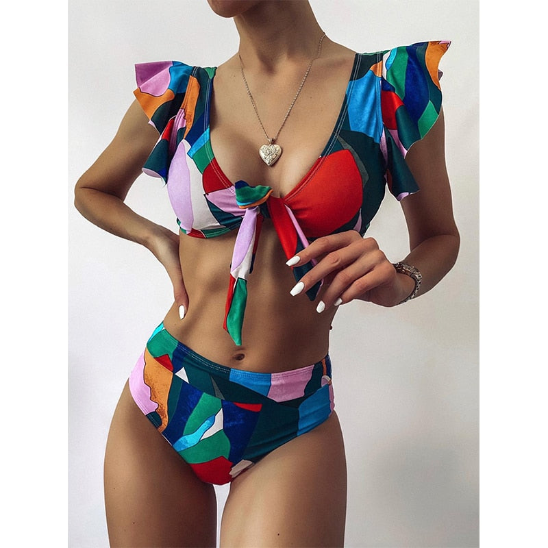 2 Piece Geometry print swimsuit Sexy ruffle bikini High waist swimwear Bandeau knot bathing suit Vintage beach wear The Clothing Company Sydney
