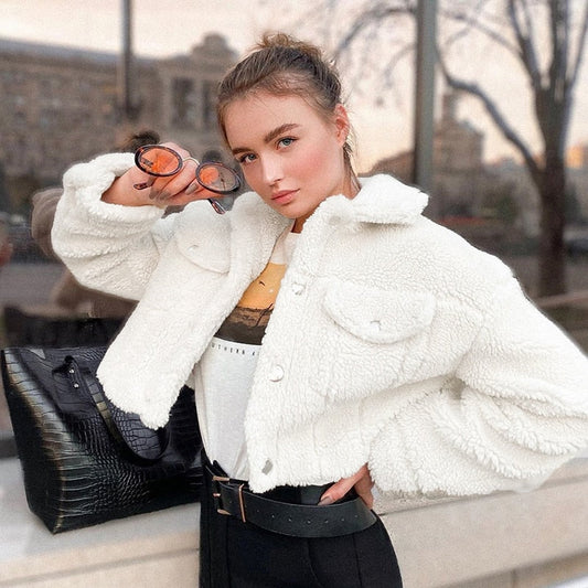 Autumn Winter Coat Fleece Shaggy Warm Cropped Overcoat Single Breasted Outerwear Jacket The Clothing Company Sydney