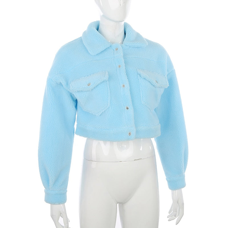 Autumn Winter Coat Fleece Shaggy Warm Cropped Overcoat Single Breasted Outerwear Jacket The Clothing Company Sydney