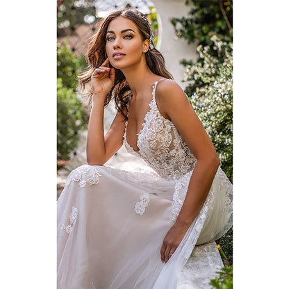 Long Boho A Line Backless 3D Flowers Spaghetti Strap Bride Princess Floor Length Wedding Gown Dress The Clothing Company Sydney