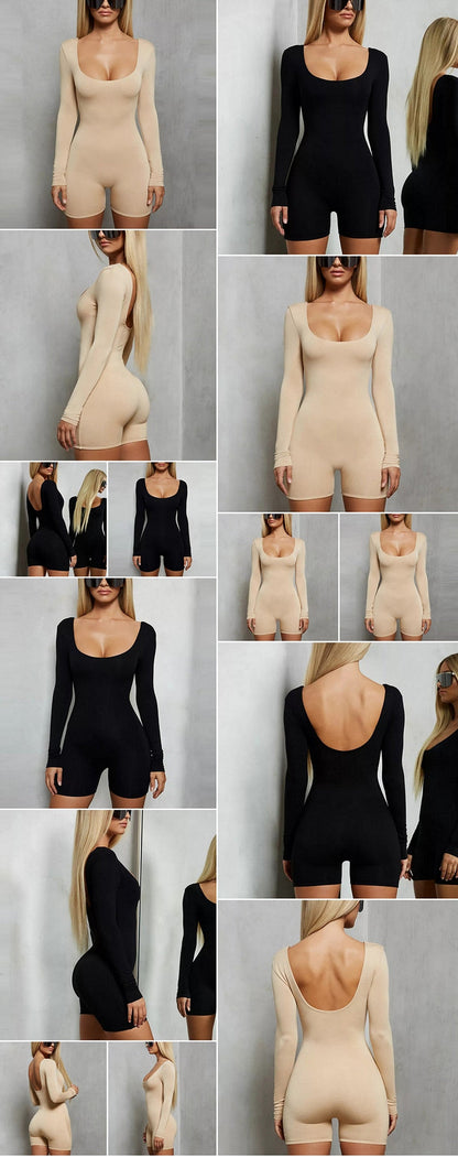 Black Long Sleeve Slim Playsuit Spring O-Neck Backless Sexy Rompers Jumpsuit Casual Body Tops Overalls The Clothing Company Sydney