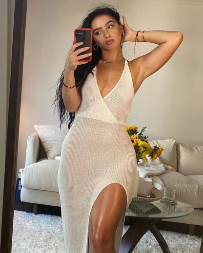 Crochet Beach Maxi See Through Plunge Backless Bandage Sleeveless Lacing Split Long Dresses The Clothing Company Sydney