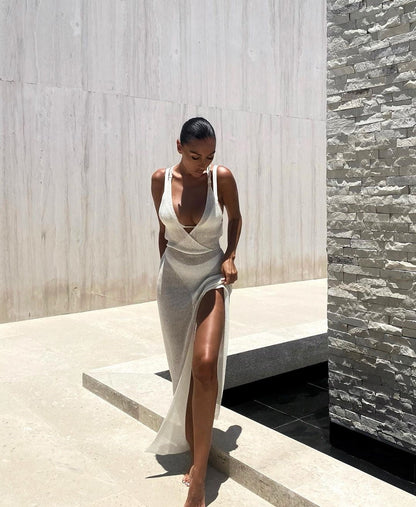 Crochet Beach Maxi See Through Plunge Backless Bandage Sleeveless Lacing Split Long Dresses The Clothing Company Sydney