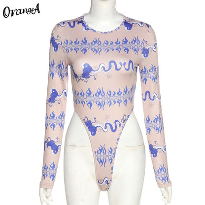 Fashion Long Sleeve Skinny Bodysuits Graphic Print o-Neck Elastic Hight Sporty Streetwear Slim Outfit Bodysuit The Clothing Company Sydney