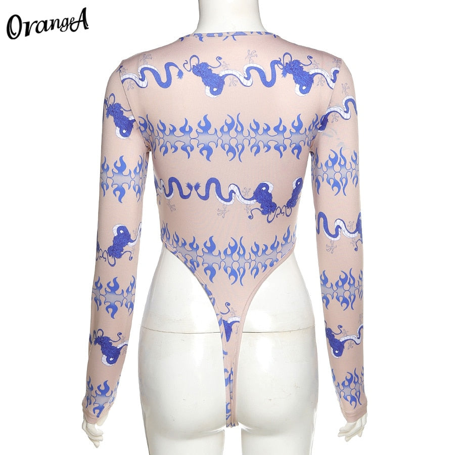 Fashion Long Sleeve Skinny Bodysuits Graphic Print o-Neck Elastic Hight Sporty Streetwear Slim Outfit Bodysuit The Clothing Company Sydney